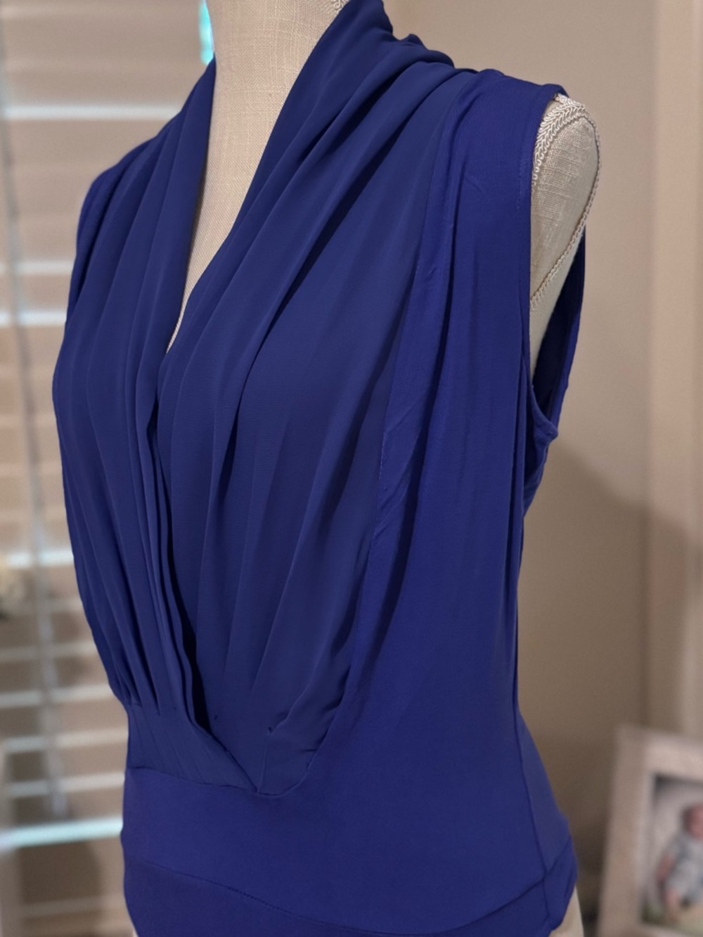 New York and Company Sleeveless Violet Blue Drape Front Bodysuit - Picture 4 of 7